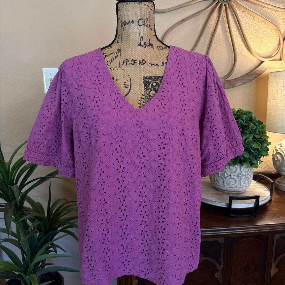 Draper James Purple Eyelet V-Neck Blouse - Picture 14 of 14